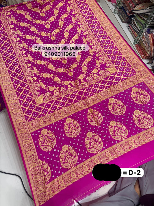 Pink Original Hand-Tied Bandhej Silk Saree with Traditional Neem Zari Border D2