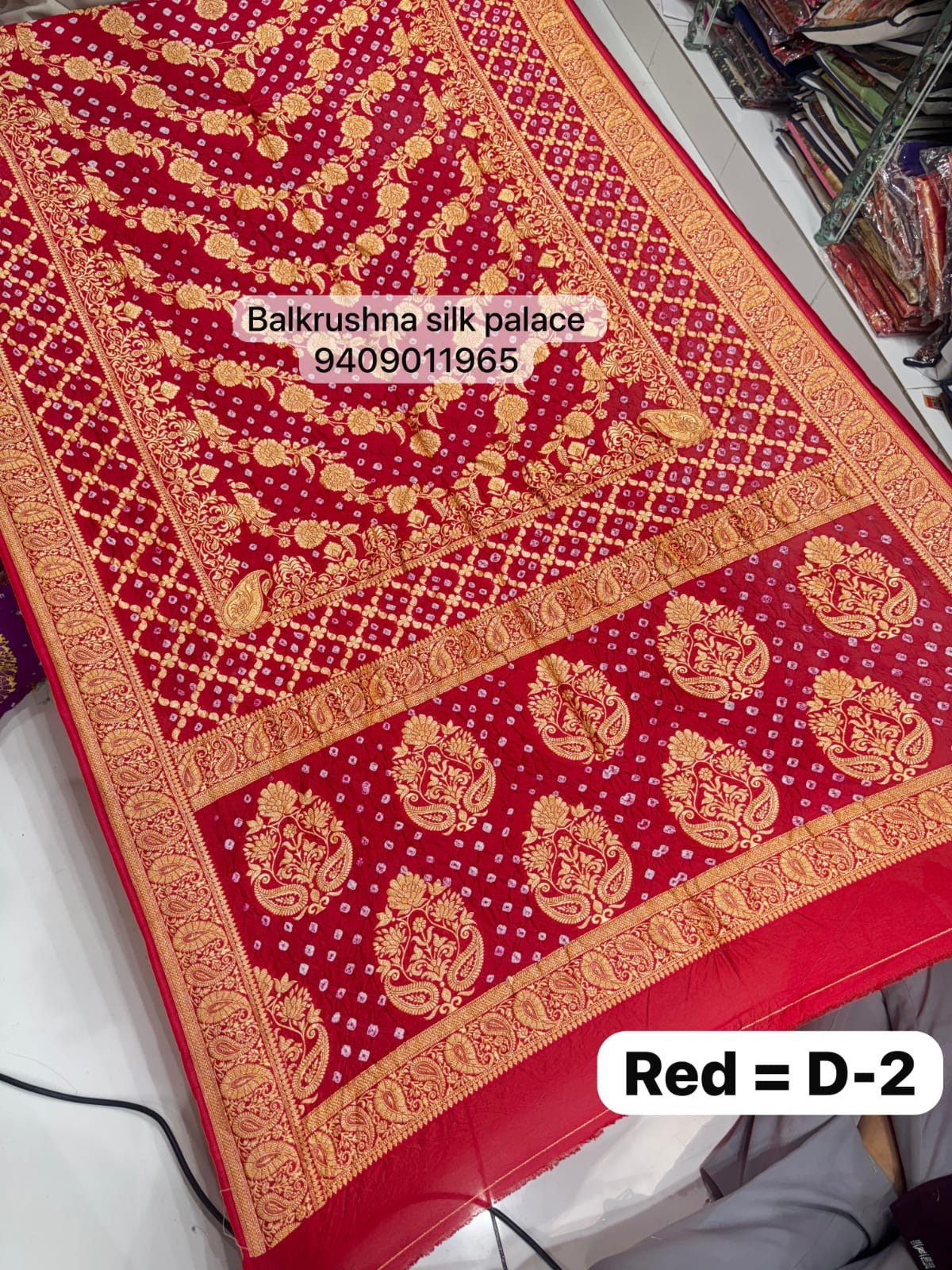 Red Original Hand-Tied Bandhej Silk Saree with Traditional Neem Zari Border D2