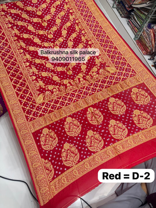 Red Original Hand-Tied Bandhej Silk Saree with Traditional Neem Zari Border D2