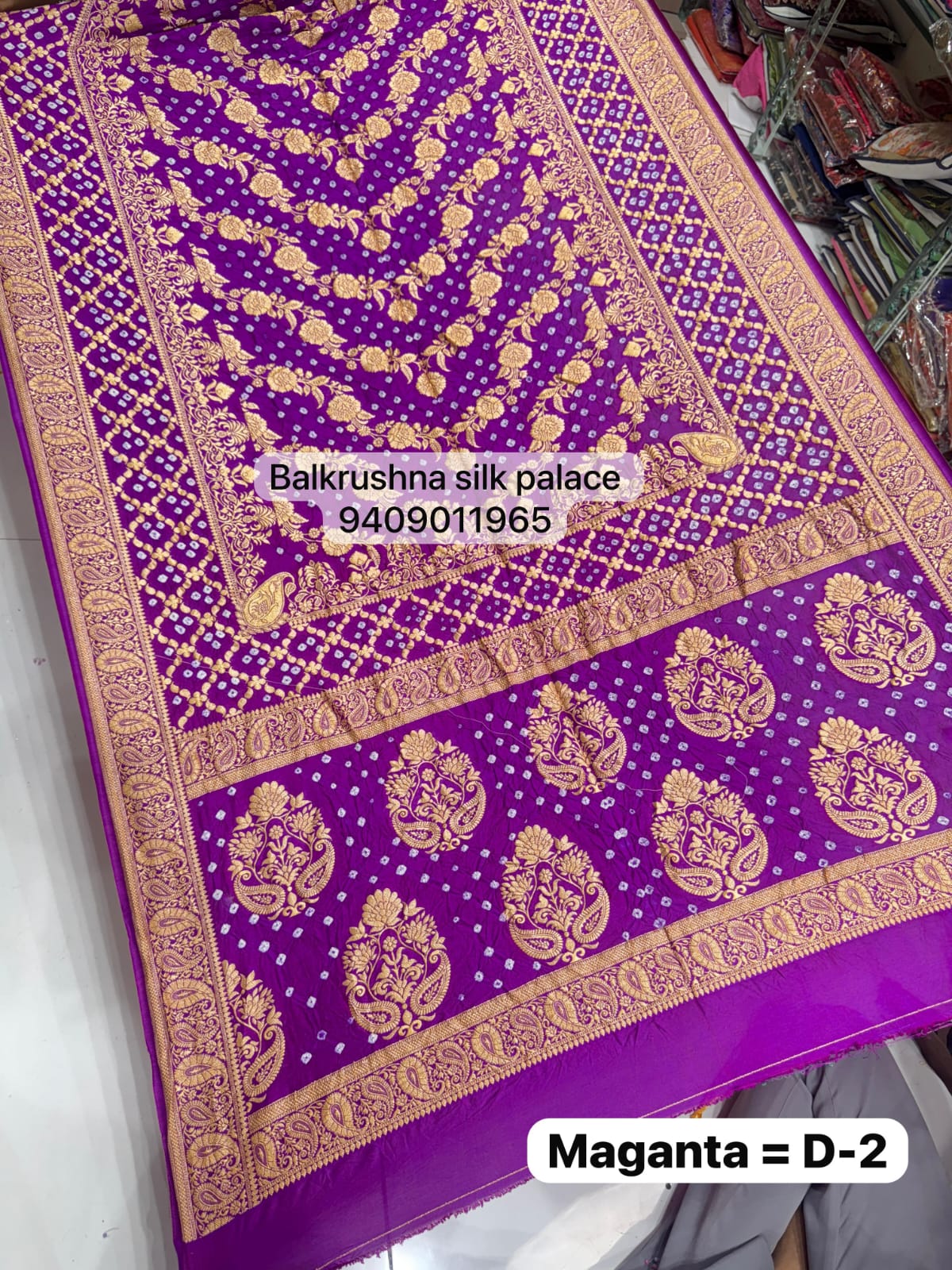 Magenta Original Hand-Tied Bandhej Silk Saree with Traditional Neem Zari Border D2