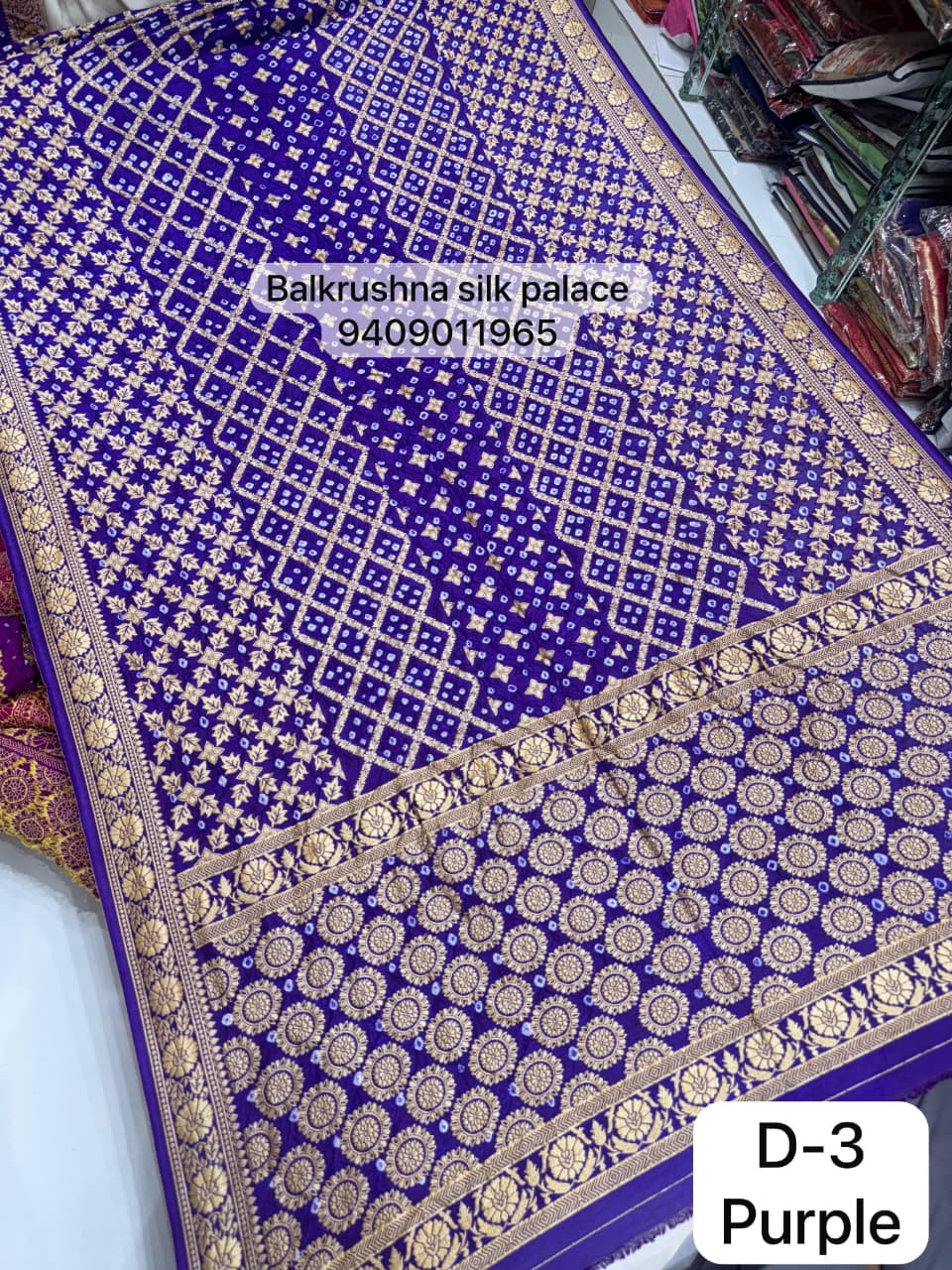 Purple Traditional Hand-Tied Bandhej Saree with Geometric Zari Lattice Work D3