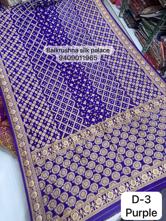 Purple Traditional Hand-Tied Bandhej Saree with Geometric Zari Lattice Work D3