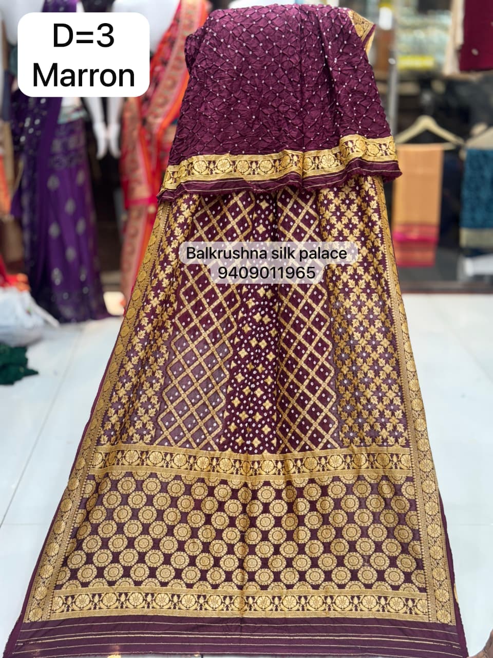 Bit Wine Traditional Hand-Tied Bandhej Saree with Geometric Zari Lattice Work D3