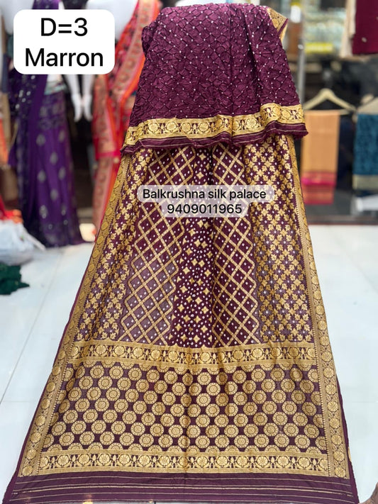 Bit Wine Traditional Hand-Tied Bandhej Saree with Geometric Zari Lattice Work D3