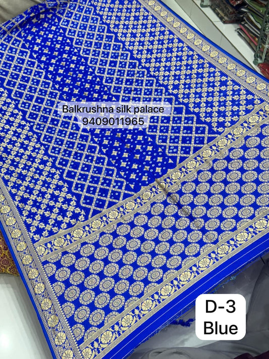 Blue Traditional Hand-Tied Bandhej Saree with Geometric Zari Lattice Work D3