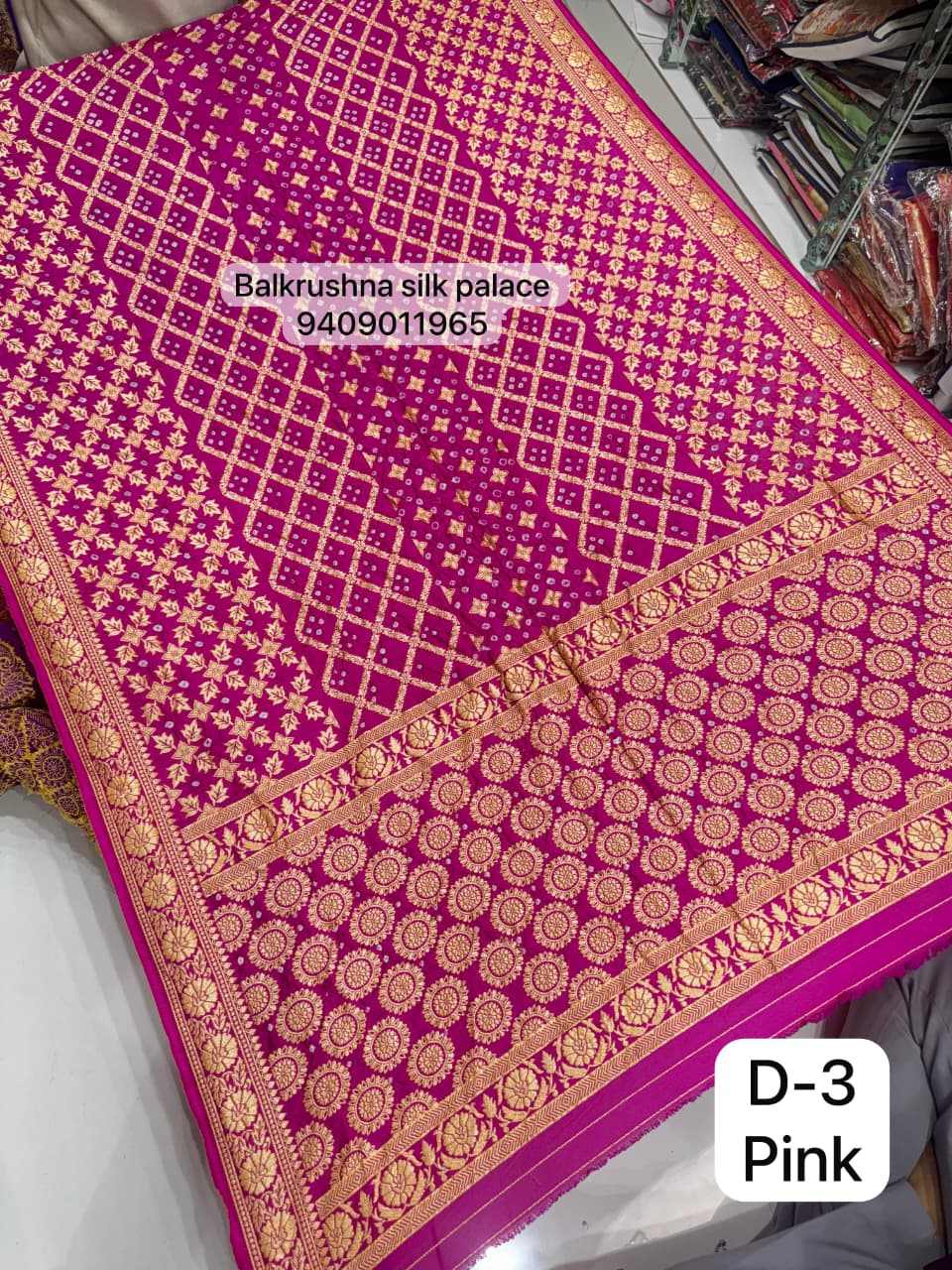 Pink Wine Traditional Hand-Tied Bandhej Saree with Geometric Zari Lattice Work D3