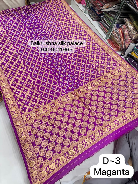 Magenta Wine Traditional Hand-Tied Bandhej Saree with Geometric Zari Lattice Work D3