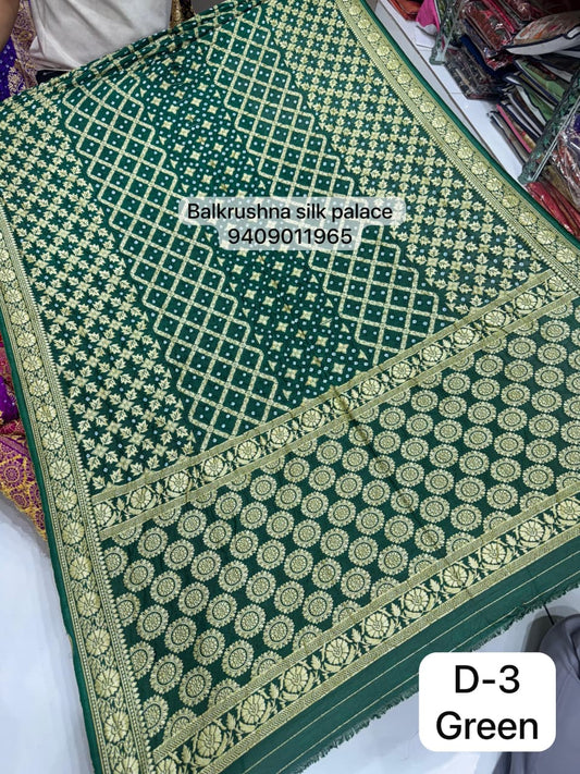 Green Wine Traditional Hand-Tied Bandhej Saree with Geometric Zari Lattice Work D3