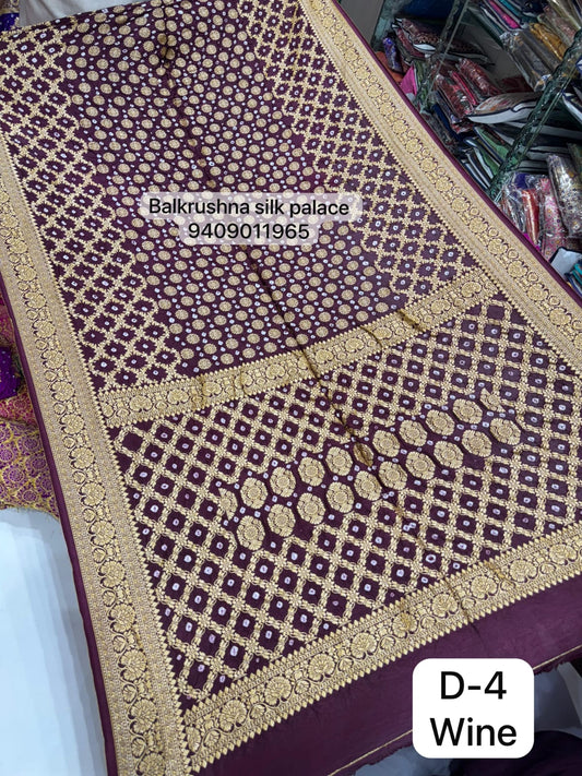 Bit Wine Premium Hand Bandhej Silk Saree with Woven Zari Diamond Jaal & Floral Border D4