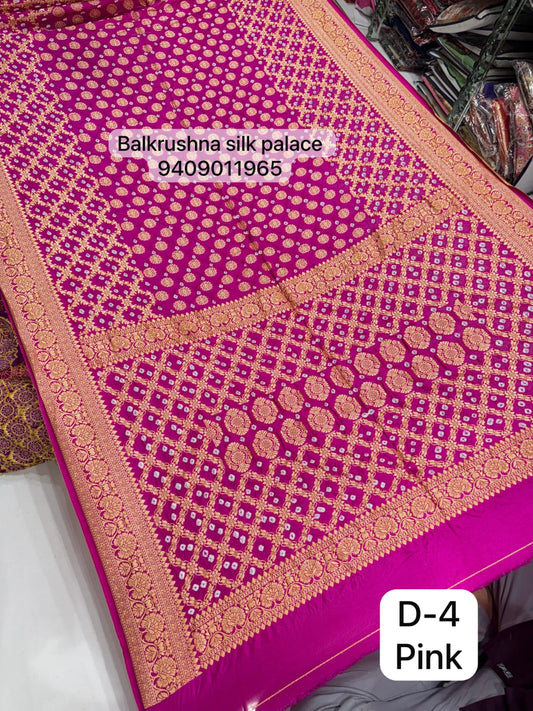 Pink Premium Hand Bandhej Silk Saree with Woven Zari Diamond Jaal & Floral Border D4