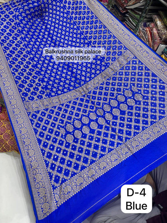 Blue Premium Hand Bandhej Silk Saree with Woven Zari Diamond Jaal & Floral Border D4