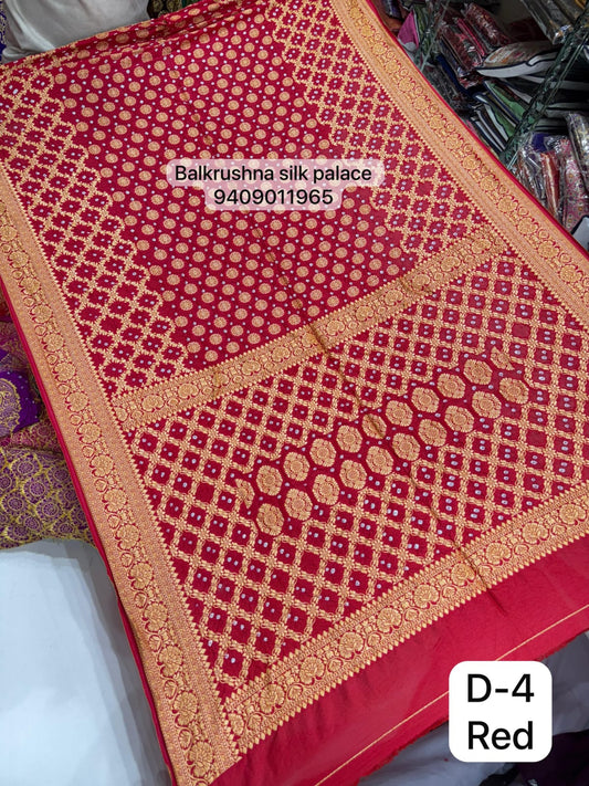 Red Premium Hand Bandhej Silk Saree with Woven Zari Diamond Jaal & Floral Border D4