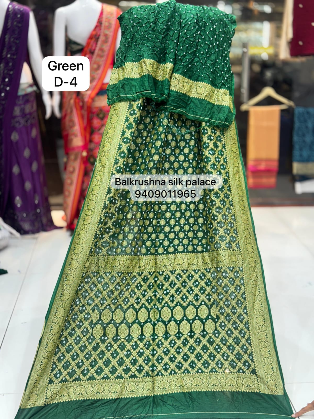 Green Premium Hand Bandhej Silk Saree with Woven Zari Diamond Jaal & Floral Border D4