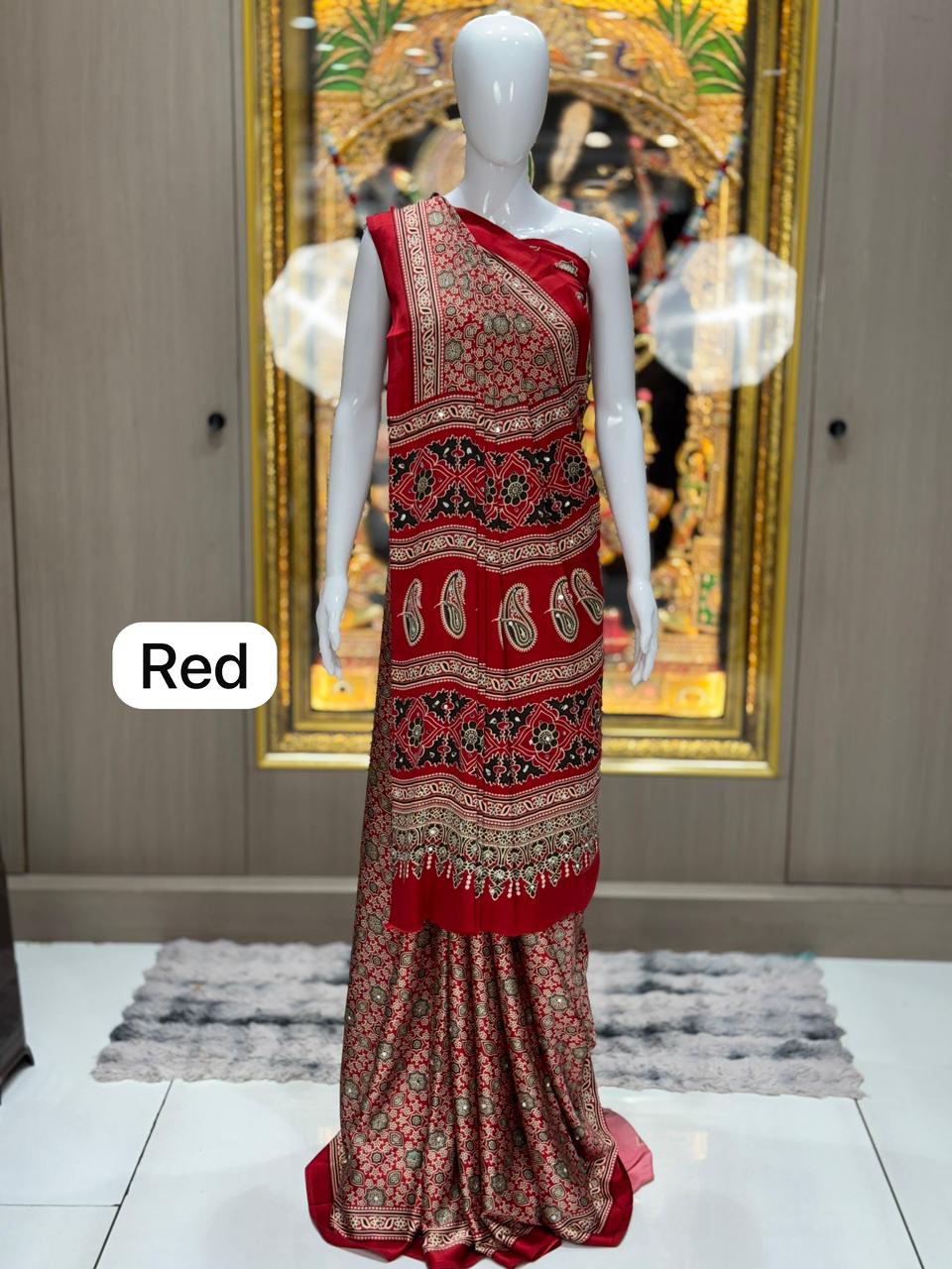 Red Premium Soft Silk Saree with Traditional Paisley Pallu & Real Mirror Work