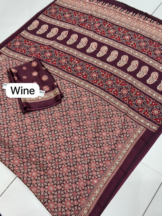 Bit Wine Premium Soft Silk Saree with Traditional Paisley Pallu & Real Mirror Work