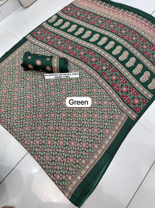 Green Premium Soft Silk Saree with Traditional Paisley Pallu & Real Mirror Work