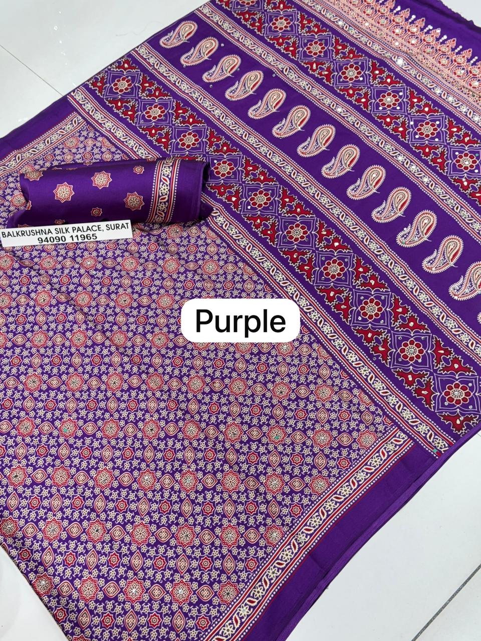 Purple Premium Soft Silk Saree with Traditional Paisley Pallu & Real Mirror Work