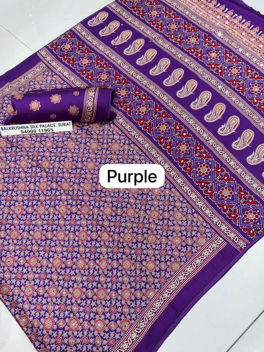 Purple Premium Soft Silk Saree with Traditional Paisley Pallu & Real Mirror Work