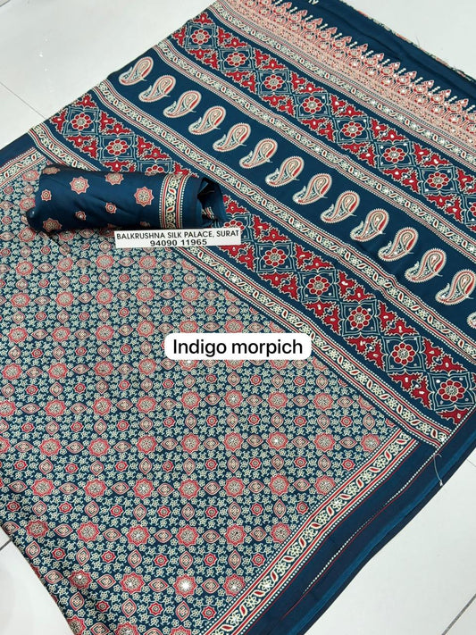Indigo Morpich Premium Soft Silk Saree with Traditional Paisley Pallu & Real Mirror Work