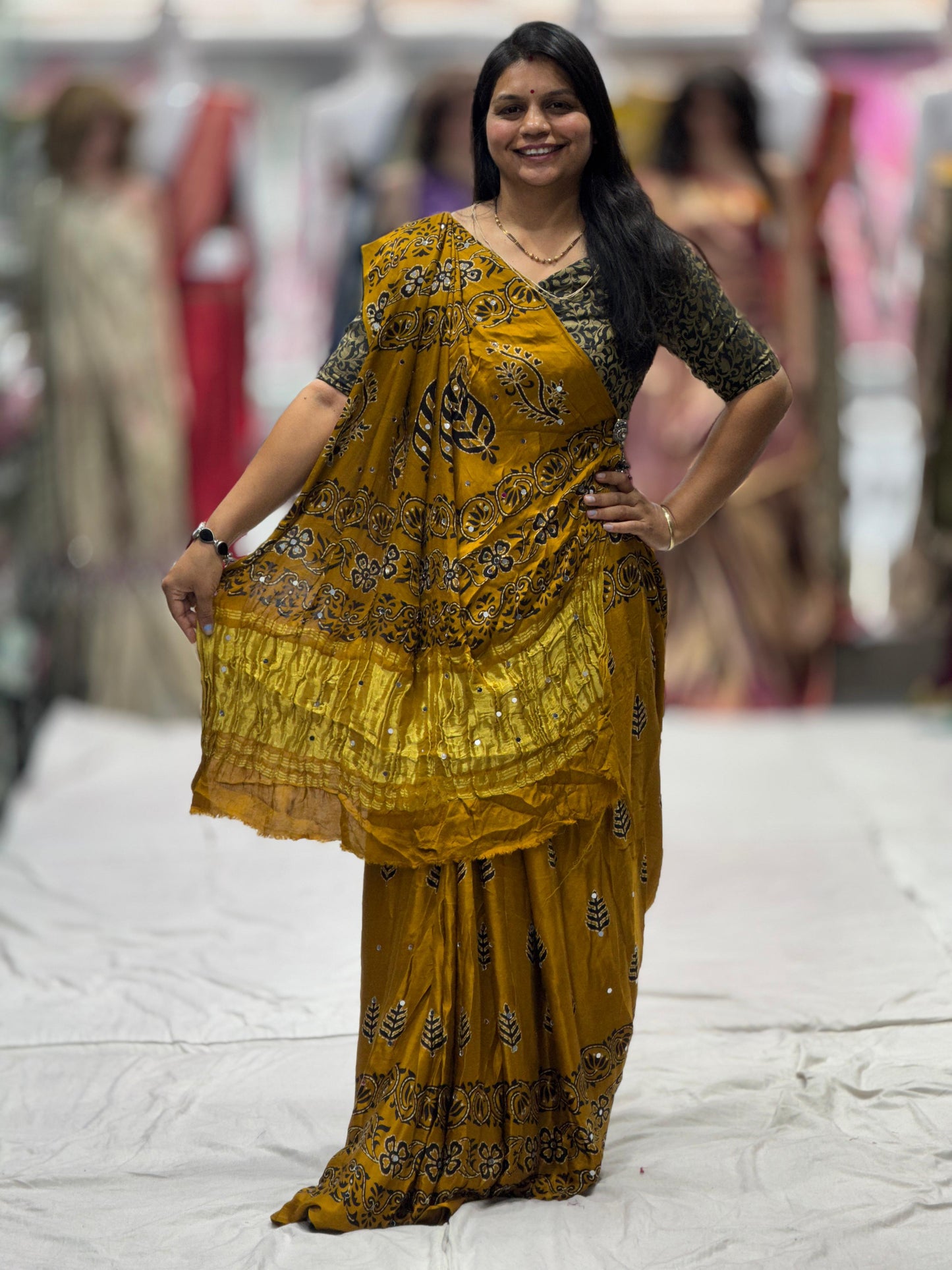 Yellow Batik Ajrakh Real Mirror Modal Silk Saree With Blouse