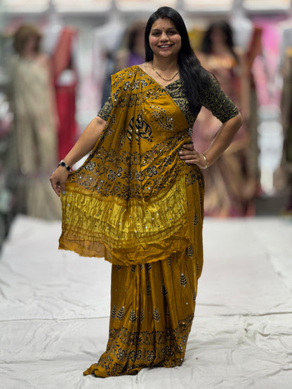 Yellow Batik Ajrakh Real Mirror Modal Silk Saree With Blouse