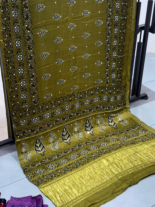 Mahendi Batik Ajrakh Real Mirror Modal Silk Saree With Blouse