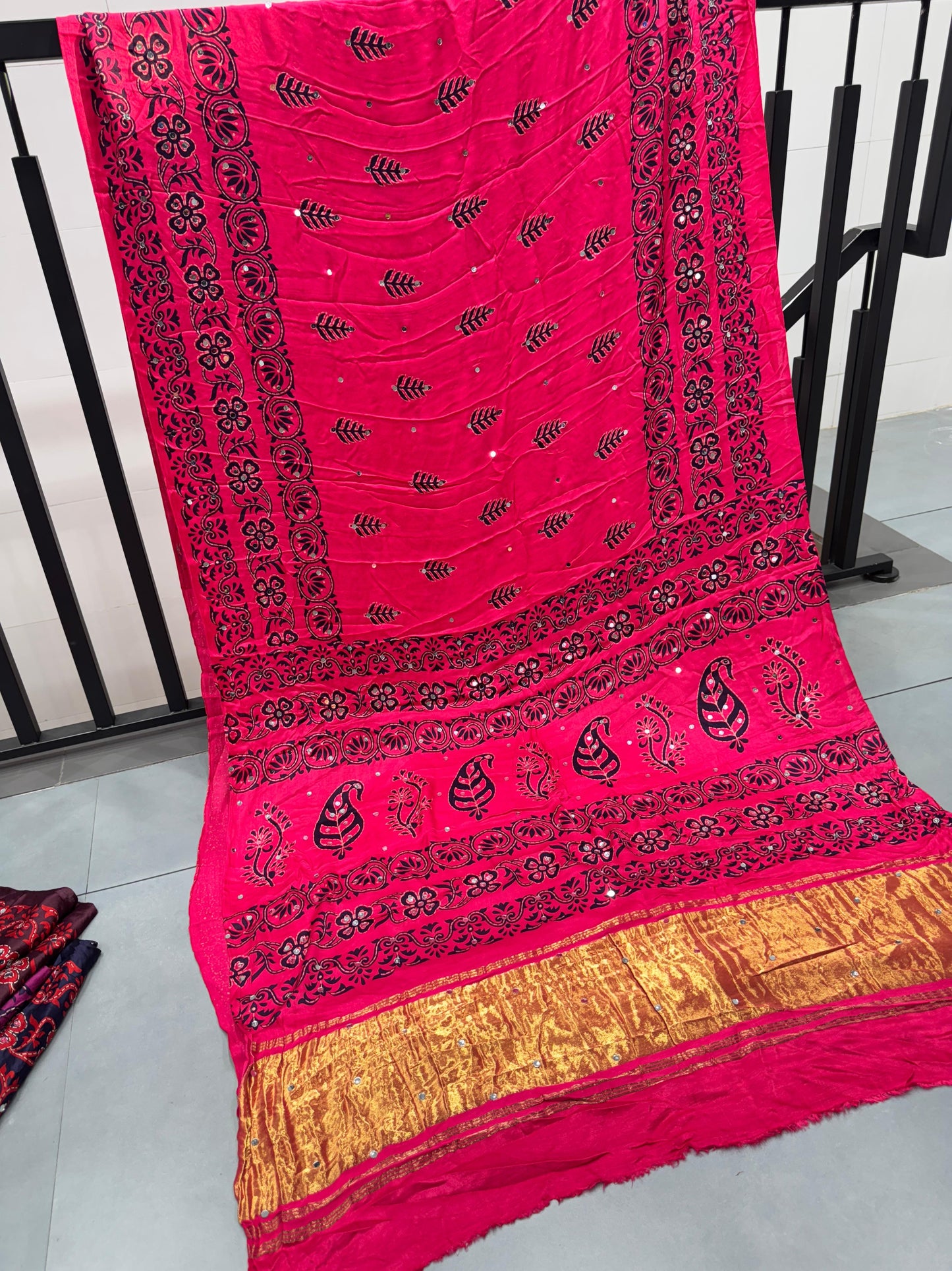 Tomato Pink Batik Ajrakh Real Mirror Modal Silk Saree With Blouse