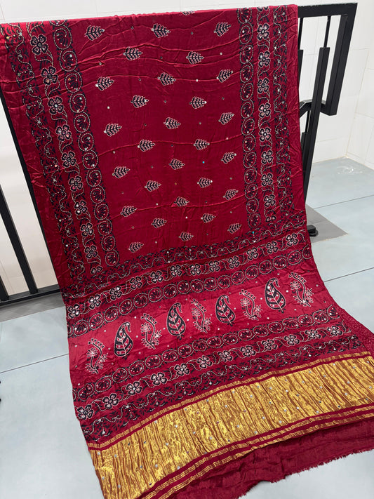 Rani Pink Batik Ajrakh Real Mirror Modal Silk Saree With Blouse