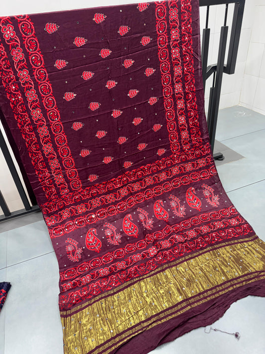 Bit Maroon Batik Ajrakh Real Mirror Modal Silk Saree With Blouse