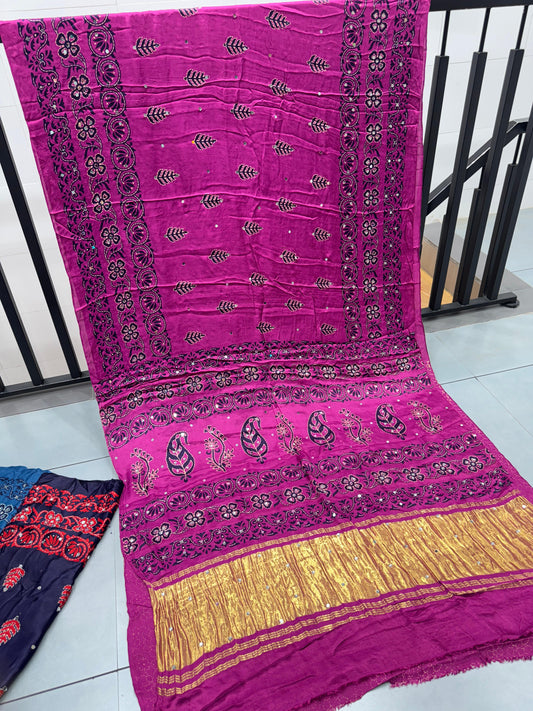 Magenta Batik Ajrakh Real Mirror Modal Silk Saree With Blouse