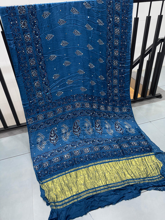 Sky Blue Batik Ajrakh Real Mirror Modal Silk Saree With Blouse