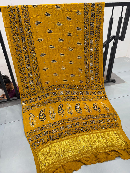 Yellow Batik Ajrakh Real Mirror Modal Silk Saree With Blouse