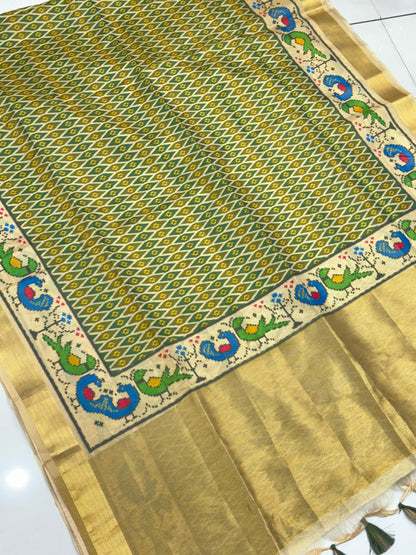 D1 Premium Real Tissue Silk Saree with Patola Kalamkari Design & Golden Zari Patto