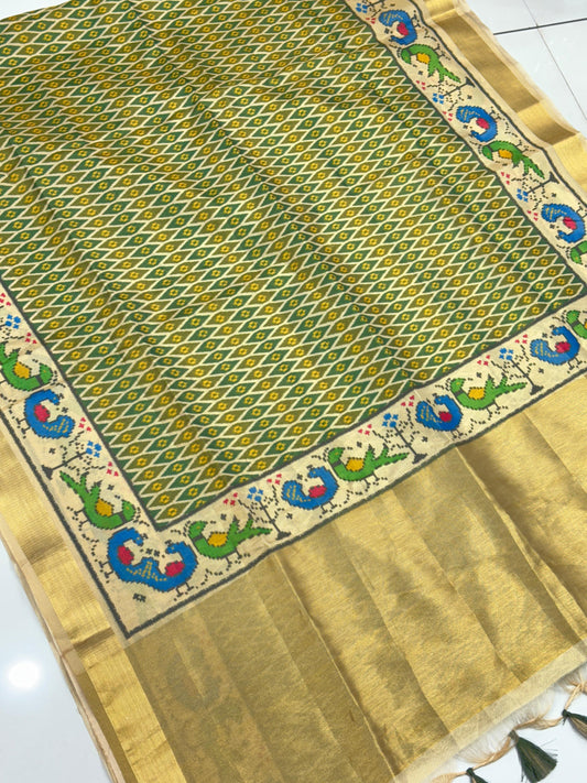 D1 Premium Real Tissue Silk Saree with Patola Kalamkari Design & Golden Zari Patto