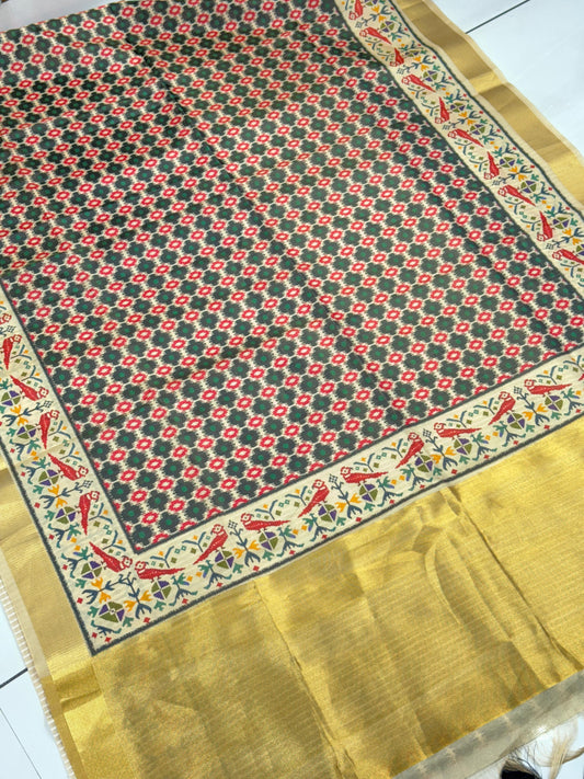 D2 Premium Real Tissue Silk Saree with Patola Kalamkari Design & Golden Zari Patto
