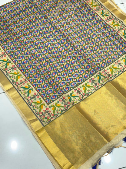 D4 Premium Real Tissue Silk Saree with Patola Kalamkari Design & Golden Zari Patto