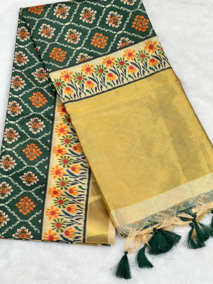 D3 Premium Real Tissue Silk Saree with Patola Kalamkari Design & Golden Zari Patto