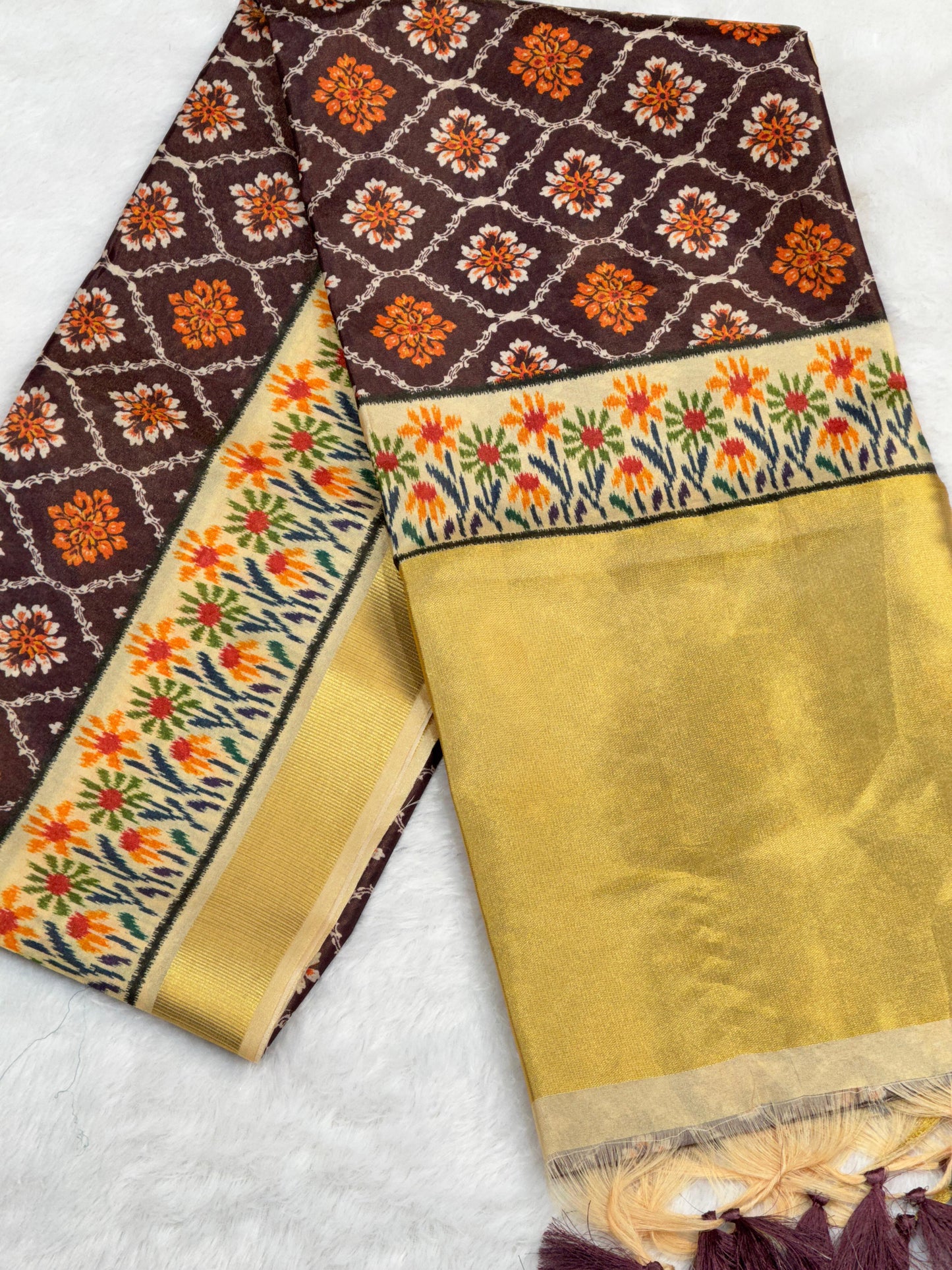 D3 Premium Real Tissue Silk Saree with Patola Kalamkari Design & Golden Zari Patto