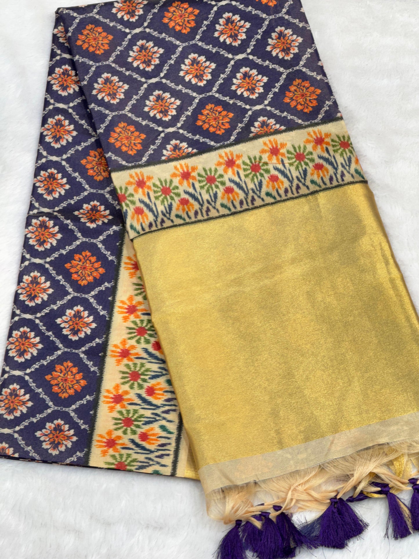 D3 Premium Real Tissue Silk Saree with Patola Kalamkari Design & Golden Zari Patto