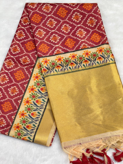 D3 Premium Real Tissue Silk Saree with Patola Kalamkari Design & Golden Zari Patto
