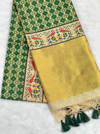 D2 Premium Real Tissue Silk Saree with Patola Kalamkari Design & Golden Zari Patto