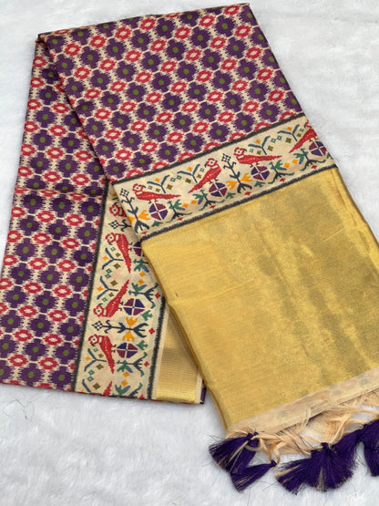 D2 Premium Real Tissue Silk Saree with Patola Kalamkari Design & Golden Zari Patto
