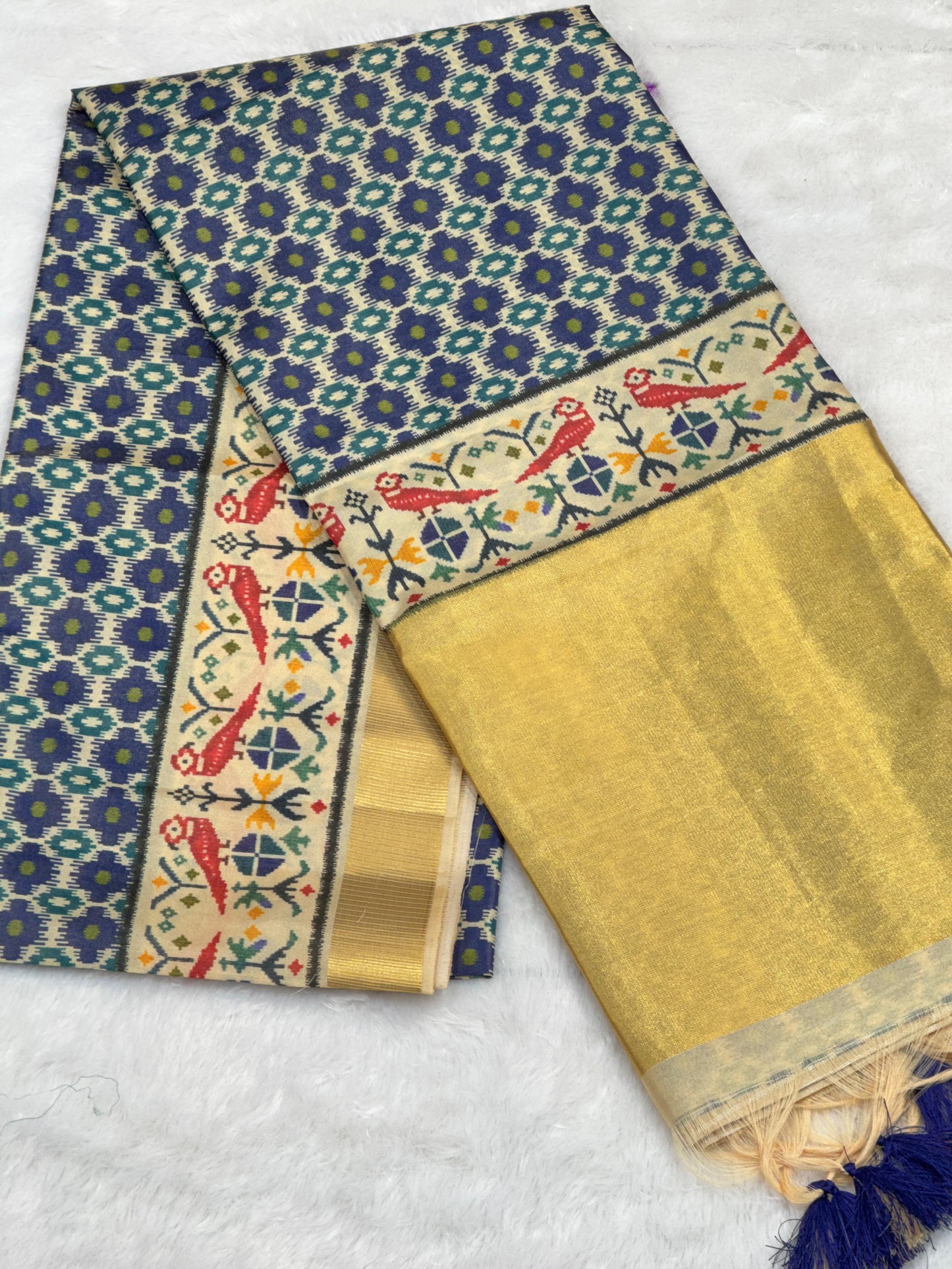D2 Premium Real Tissue Silk Saree with Patola Kalamkari Design & Golden Zari Patto
