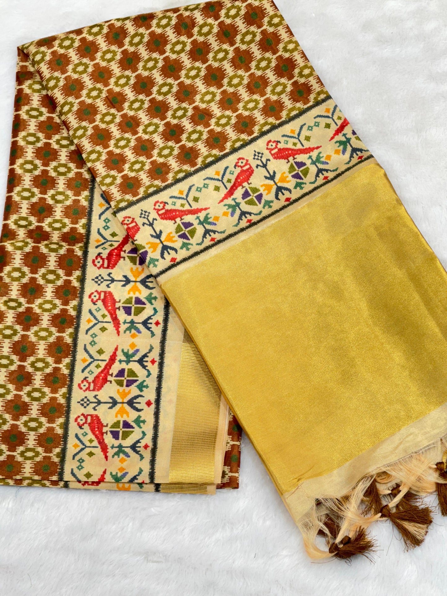 D2 Premium Real Tissue Silk Saree with Patola Kalamkari Design & Golden Zari Patto