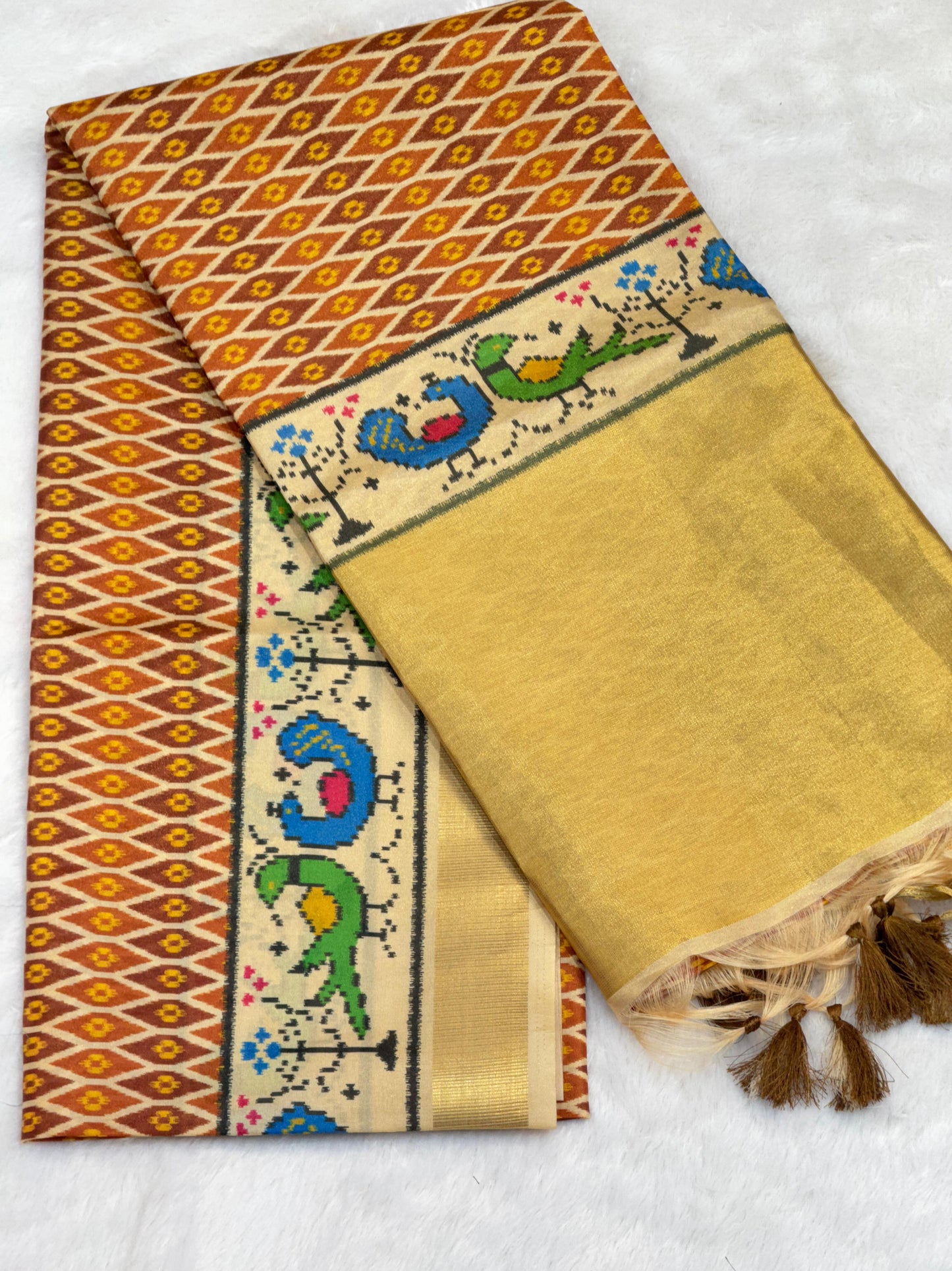 D1 Premium Real Tissue Silk Saree with Patola Kalamkari Design & Golden Zari Patto