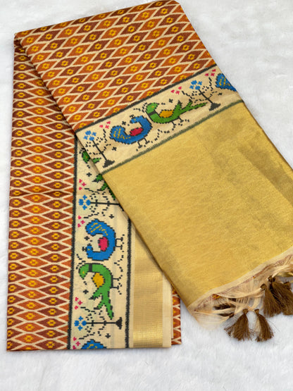 D1 Premium Real Tissue Silk Saree with Patola Kalamkari Design & Golden Zari Patto