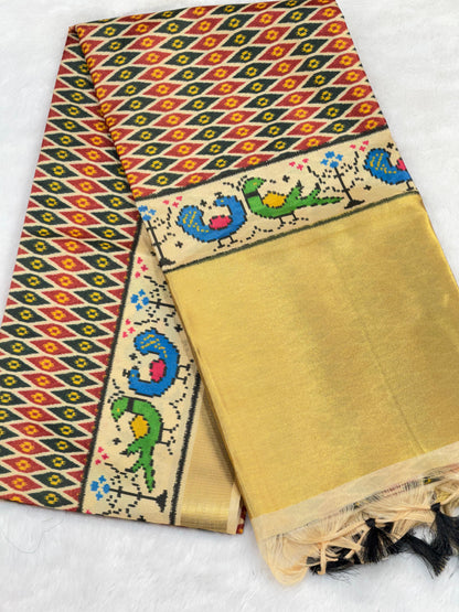 D1 Premium Real Tissue Silk Saree with Patola Kalamkari Design & Golden Zari Patto