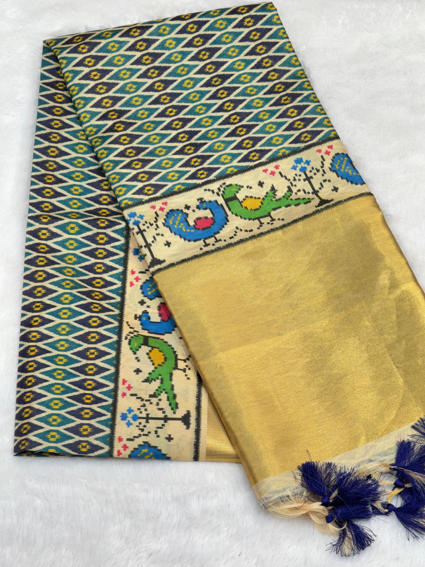 D1 Premium Real Tissue Silk Saree with Patola Kalamkari Design & Golden Zari Patto