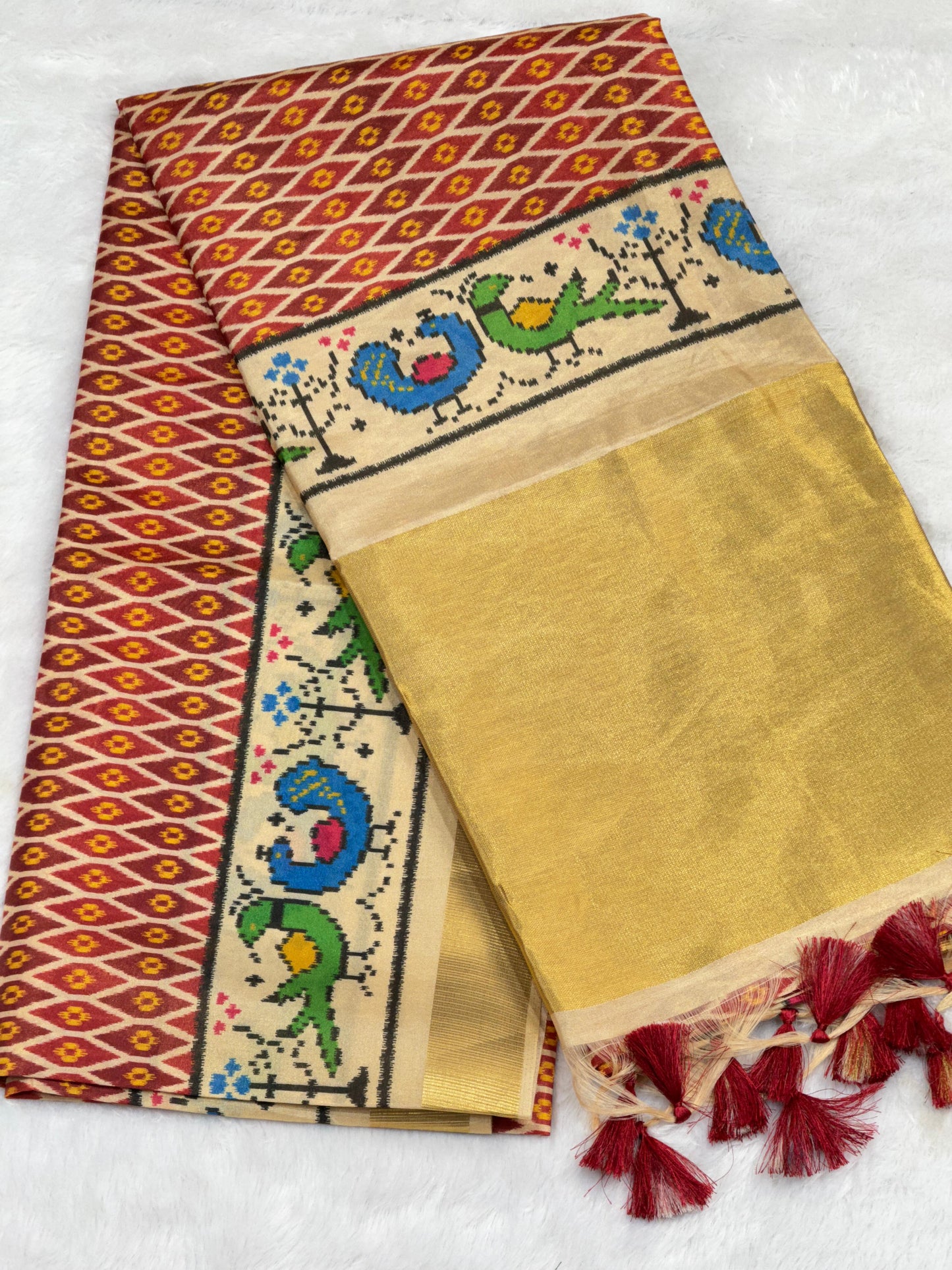 D1 Premium Real Tissue Silk Saree with Patola Kalamkari Design & Golden Zari Patto