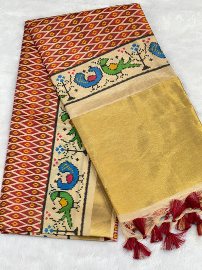 D1 Premium Real Tissue Silk Saree with Patola Kalamkari Design & Golden Zari Patto